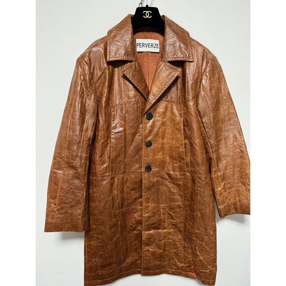 Perverze Jacket Womens Medium Brown Faux Leather Long Coat Button Up Retro Look - Picture 9 of 16